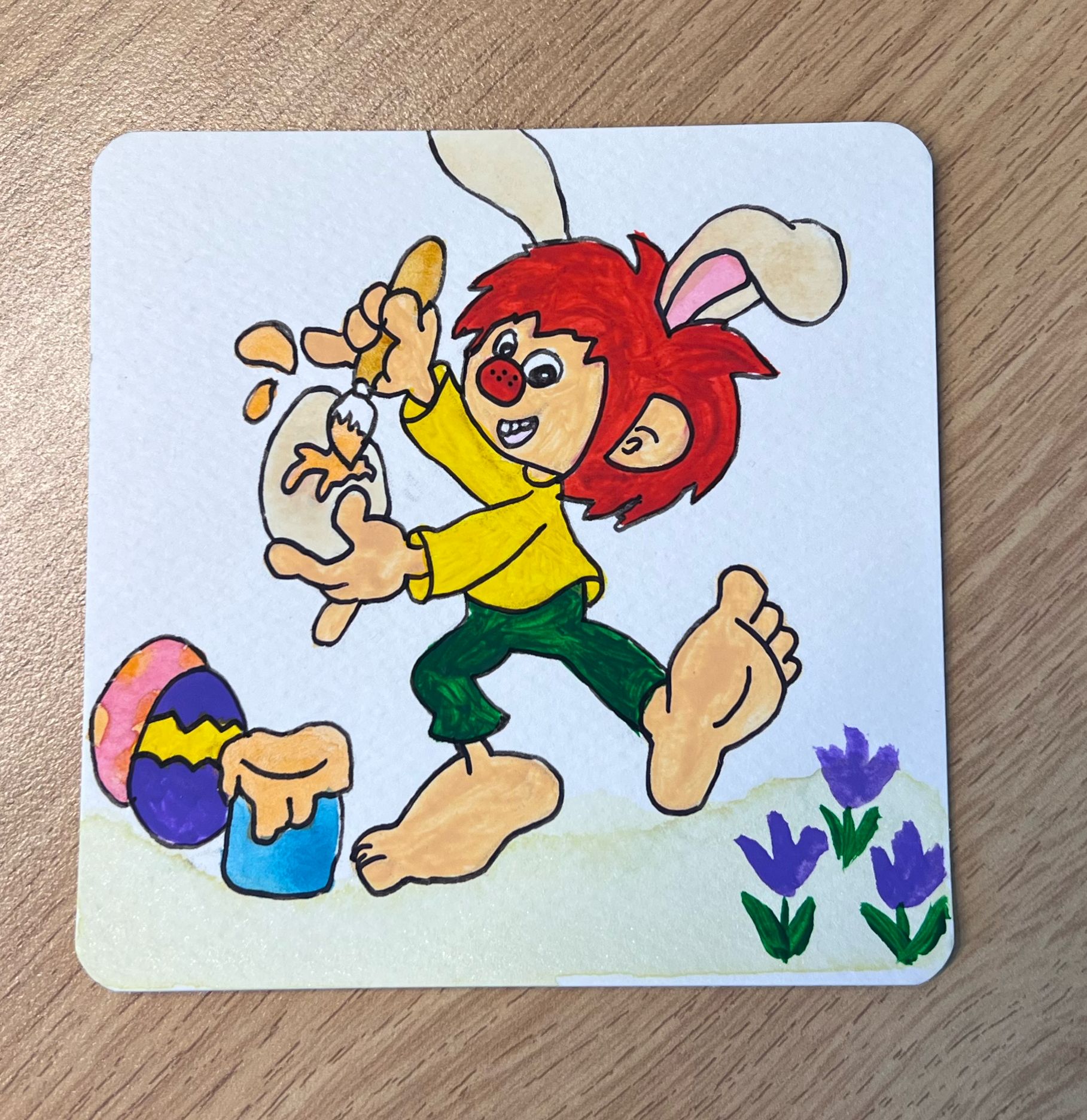 Pumuckl malt Ostereier an Aquarell Bild